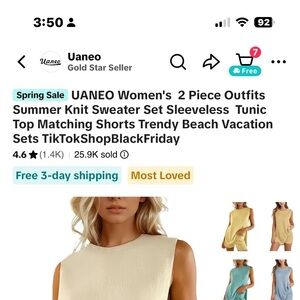 UANEO 2 pc Sleeveless Tunic Tank Top/shorts in Navy